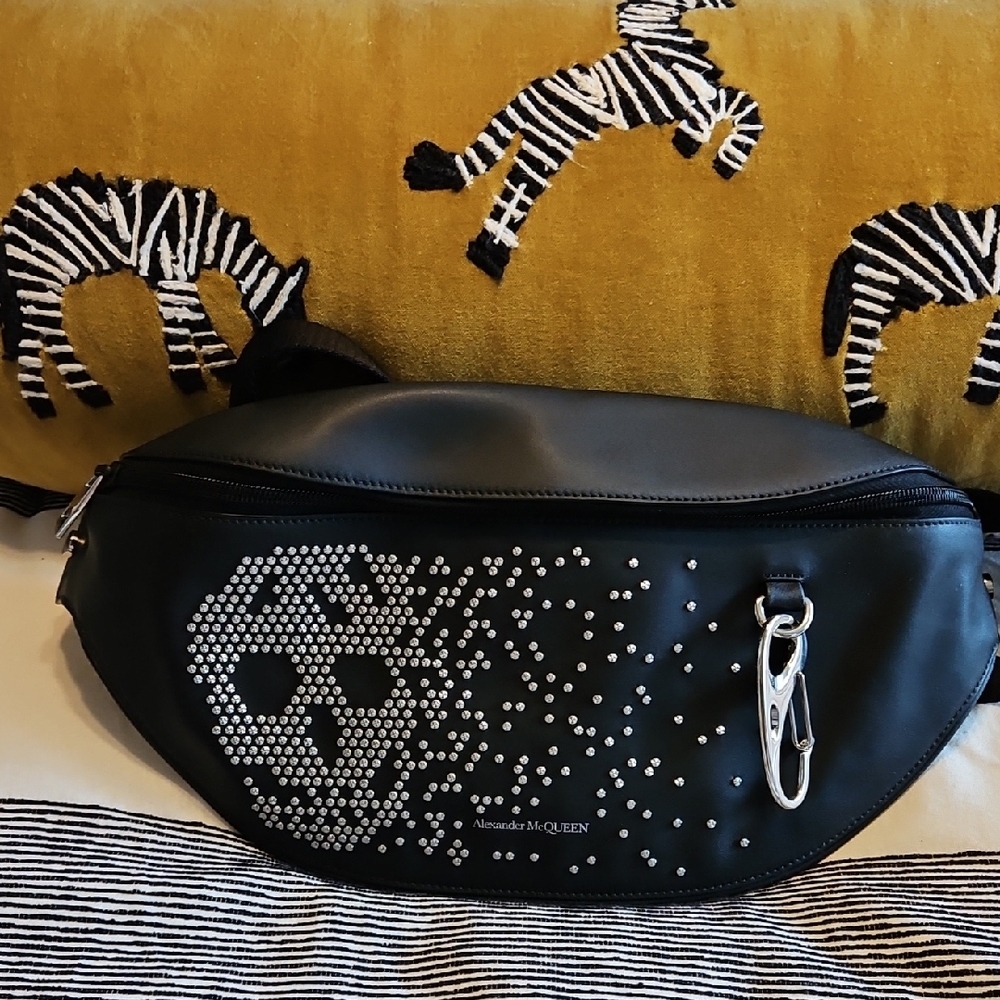 Alexander McQueen Black Belt Bag with Silver Skull Design